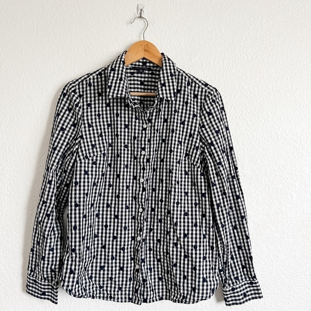 Tommy Hilfiger M Preppy Blue Polka Dot Plaid Roll Sleeve Button Officecore Top